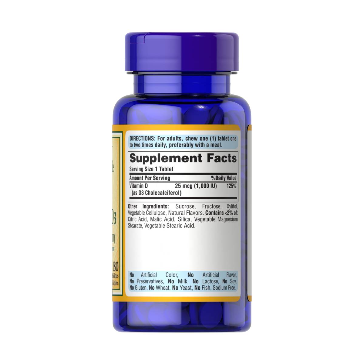 Puritans Pride, Vitamina D3 masticable 25 mcg (1000 UI)