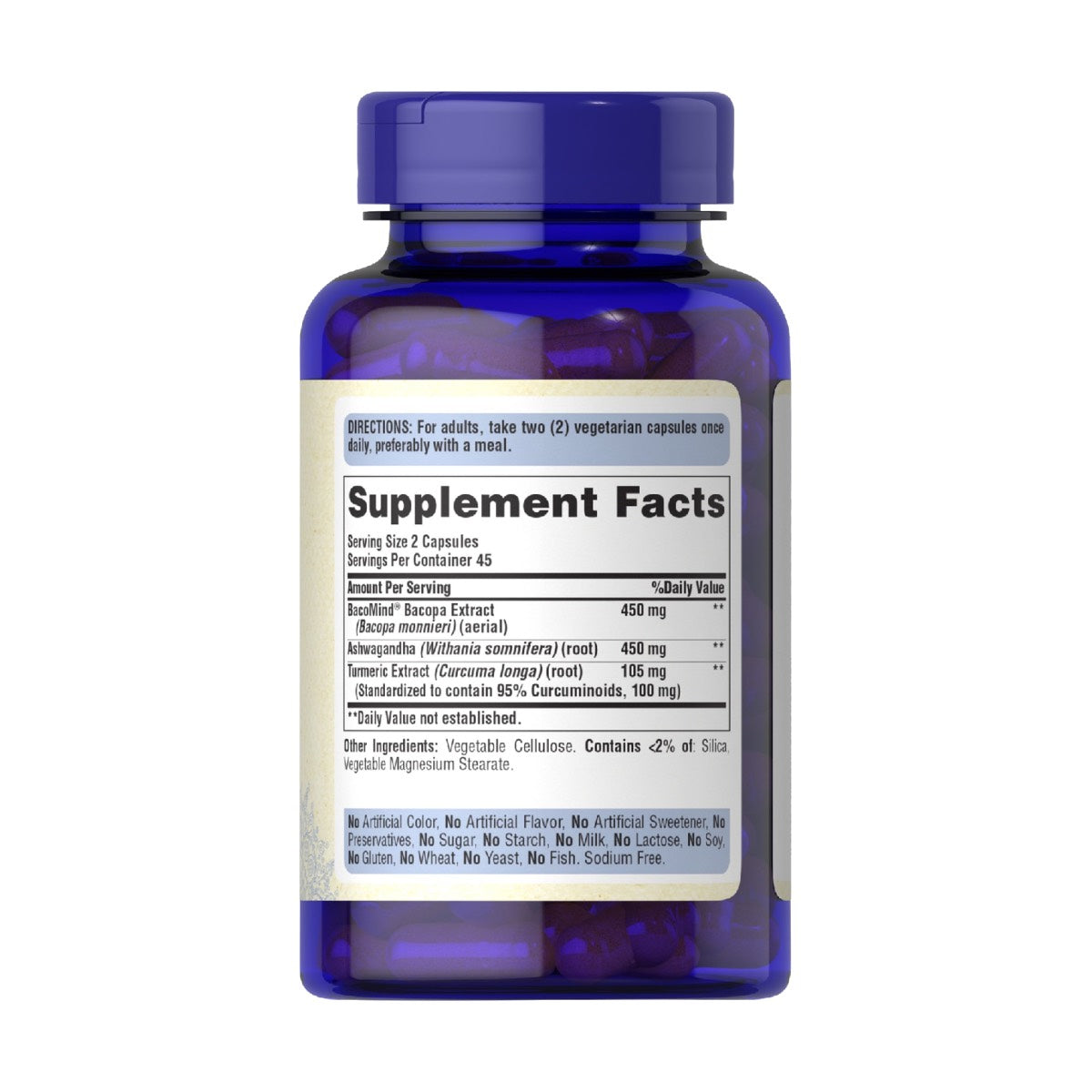 Puritans Pride, Apoyo ayurvedico para la salud cerebral Bacopa, Ashwagandha, Curcuma