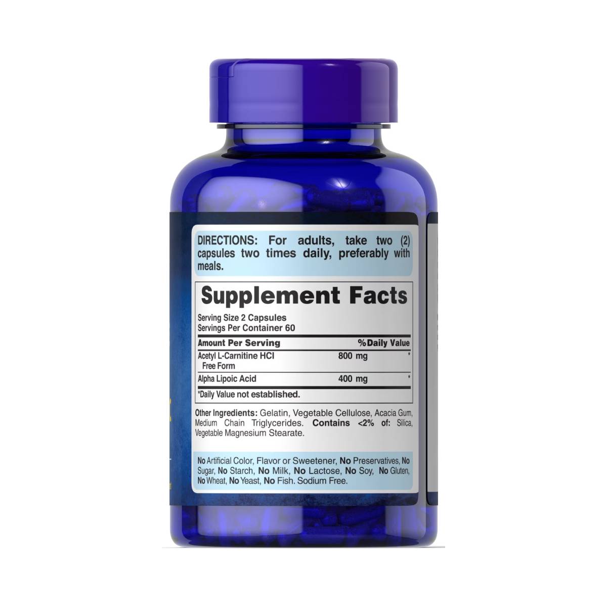Puritans Pride, Acetil L-Carnitina 400 mg con Ácido Alfa Lipoico 200 mg